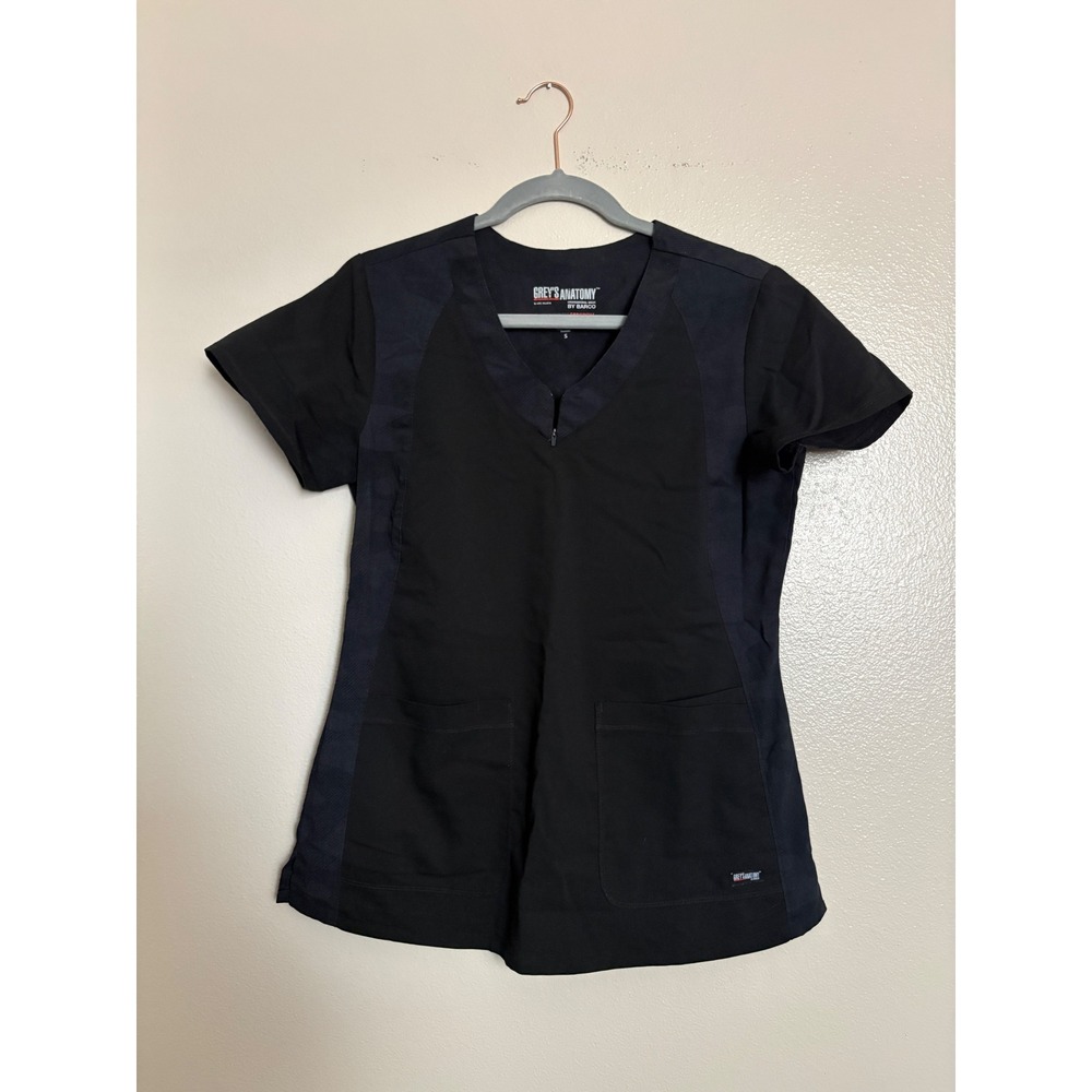 Greys Anatomy Barco Spandex Stretch Scrub Top Black Camo V-Neck Women's Small